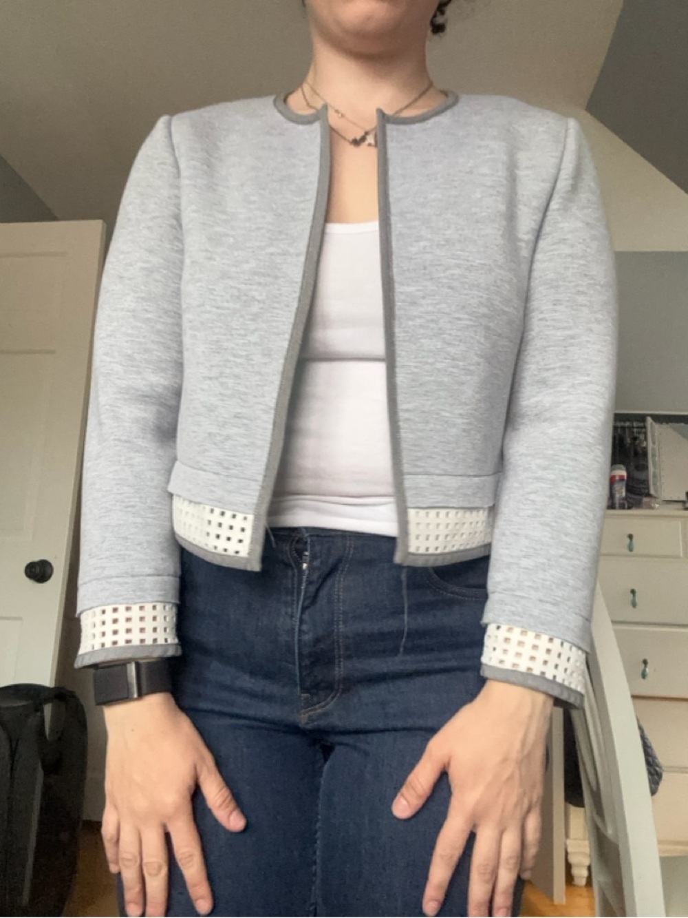 Grey Tahari Open-Front Cropped Jacket